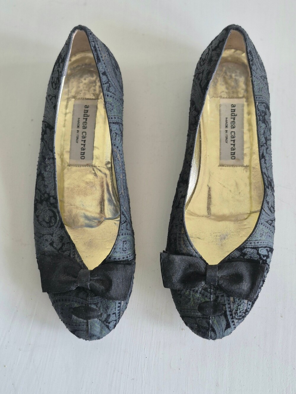 Andrea Carrano Italy Classic Black Floral Jacquard Bow Ballet Flats
